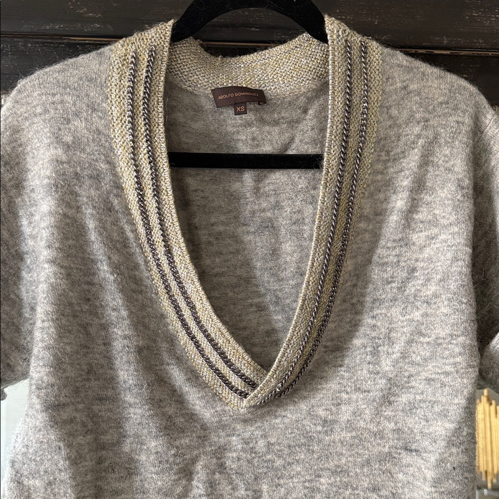 Adolfo Dominguez Cashmere short sleeve Gold Metallic Trim and Silver Chain